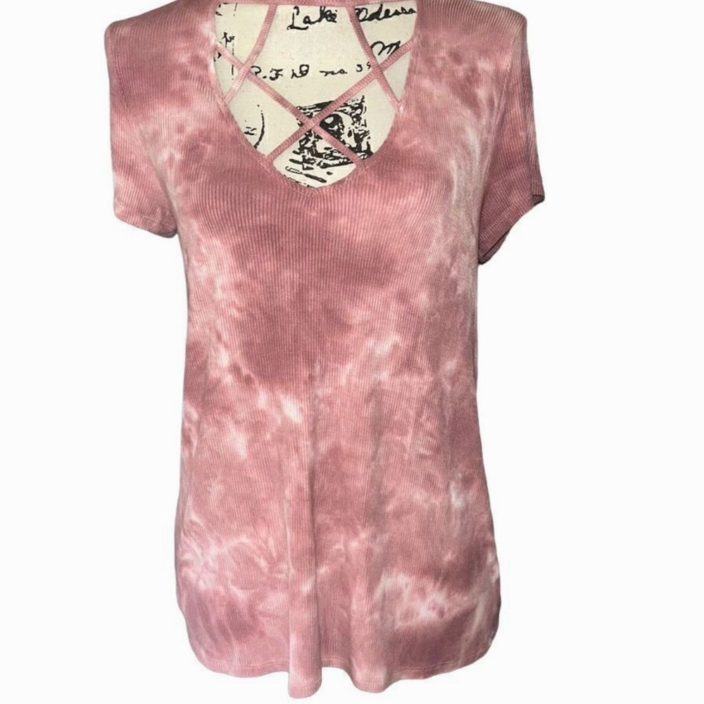 American Eagle Soft & Sexy Rib Tie Dye Lattice V-Neck Top Mauve Pink Medium